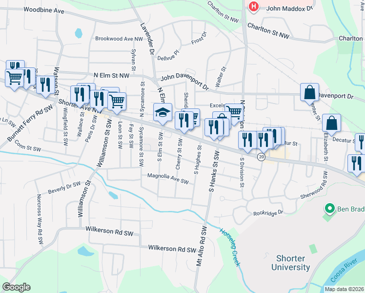 map of restaurants, bars, coffee shops, grocery stores, and more near 7 Cherry Street Southwest in Rome