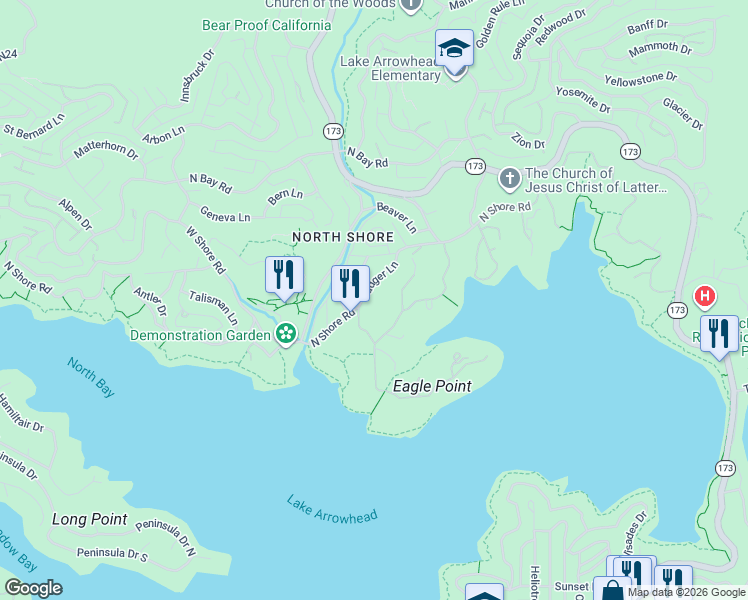 map of restaurants, bars, coffee shops, grocery stores, and more near 28411 North Shore Road in Lake Arrowhead