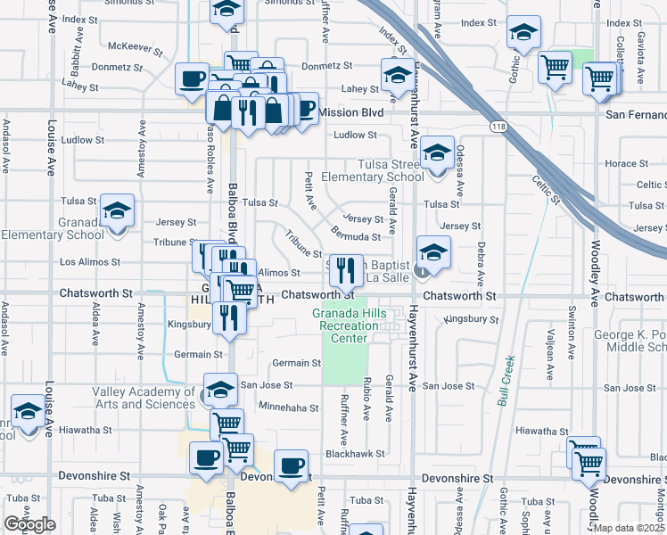 map of restaurants, bars, coffee shops, grocery stores, and more near 16749 Los Alimos Street in Los Angeles