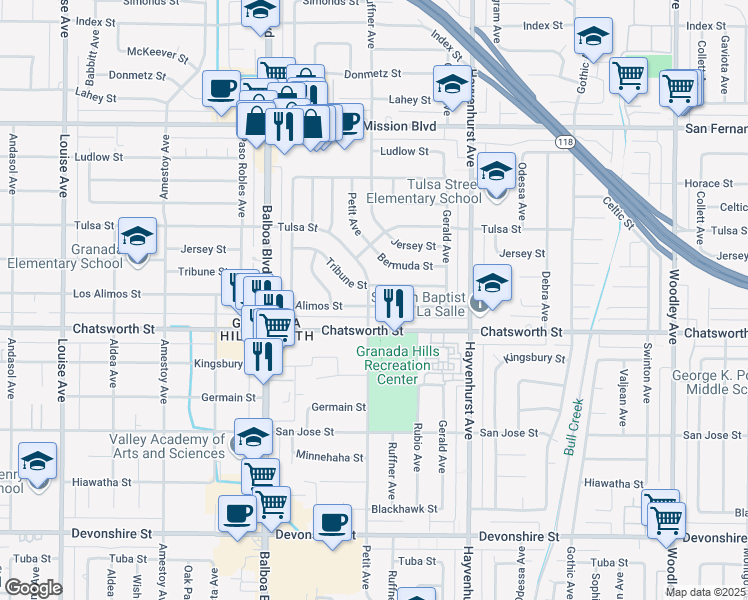 map of restaurants, bars, coffee shops, grocery stores, and more near 16757 Los Alimos Street in Los Angeles