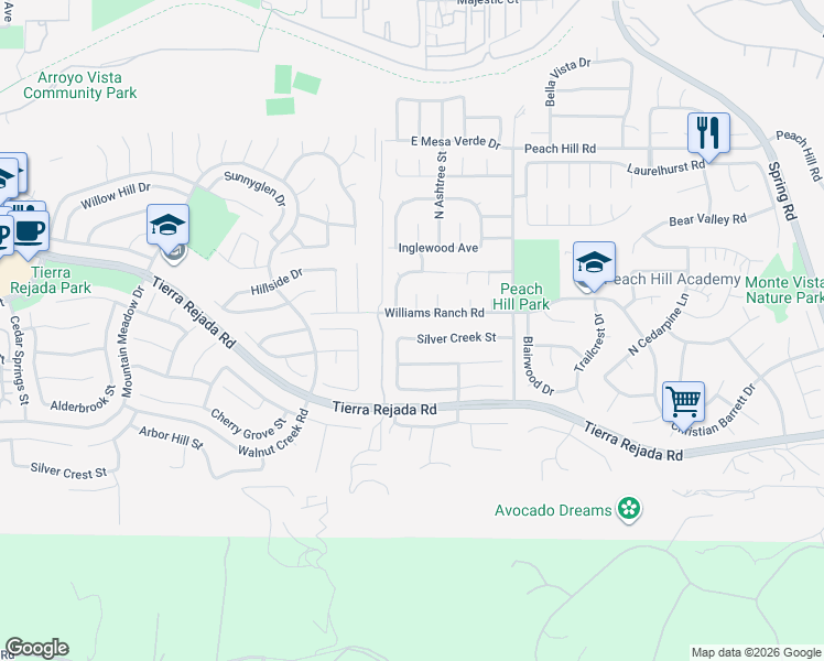 map of restaurants, bars, coffee shops, grocery stores, and more near 12943 Silver Creek Street in Moorpark