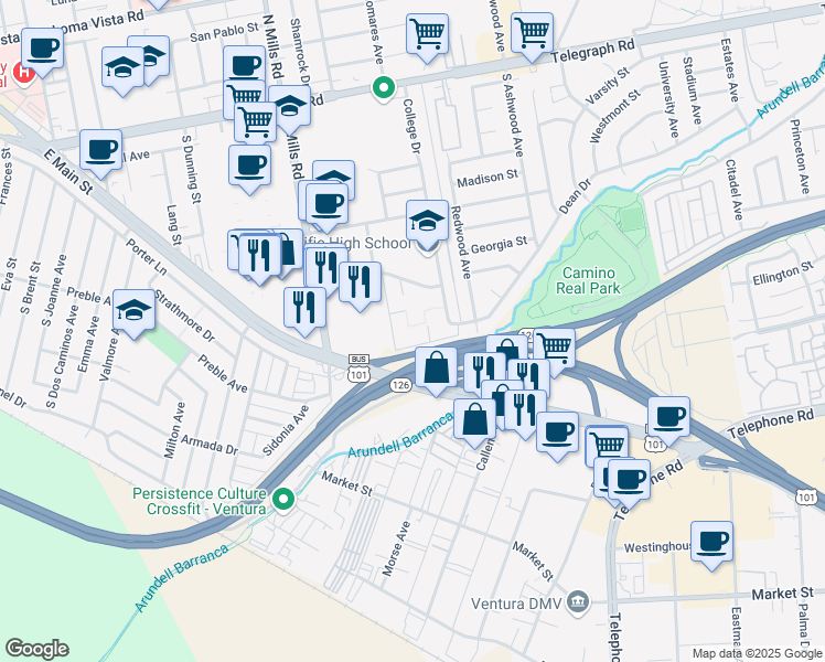 map of restaurants, bars, coffee shops, grocery stores, and more near 3700 Dean Drive in Ventura