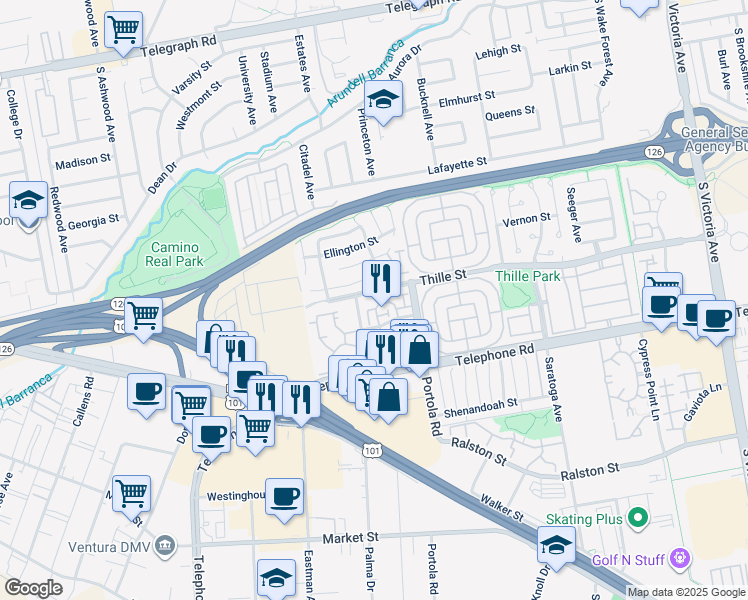 map of restaurants, bars, coffee shops, grocery stores, and more near 4874 Thille Street in Ventura