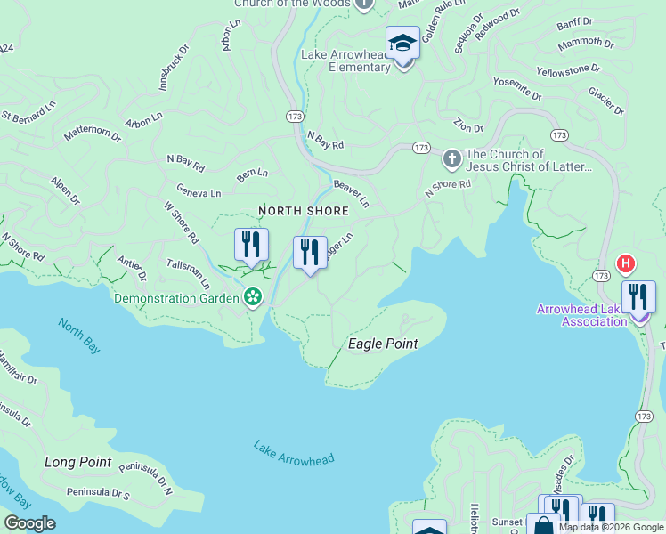 map of restaurants, bars, coffee shops, grocery stores, and more near 28411 North Shore Road in Lake Arrowhead