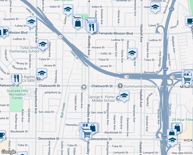 map of restaurants, bars, coffee shops, grocery stores, and more near 16124 Bryant Street in Los Angeles