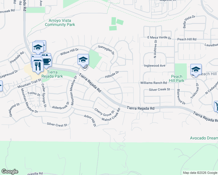map of restaurants, bars, coffee shops, grocery stores, and more near 12525 Westmont Drive in Moorpark