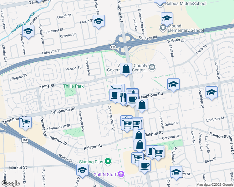 map of restaurants, bars, coffee shops, grocery stores, and more near 945 McHugh Court in Ventura