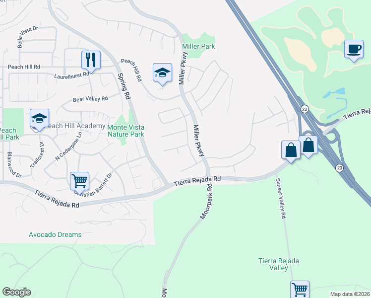 map of restaurants, bars, coffee shops, grocery stores, and more near 14246 Oneida Court in Moorpark
