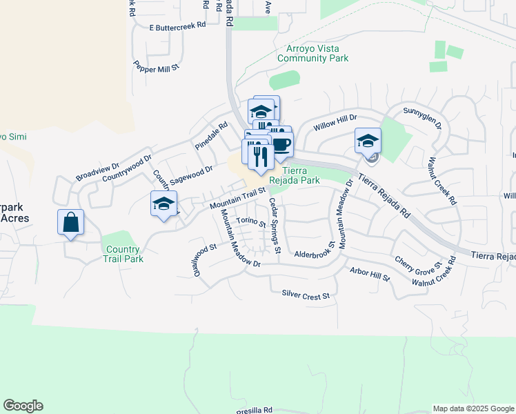 map of restaurants, bars, coffee shops, grocery stores, and more near 4077 Brindisi Place in Moorpark