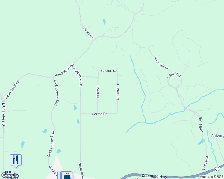 map of restaurants, bars, coffee shops, grocery stores, and more near 419 Hunters Court in Ball Ground