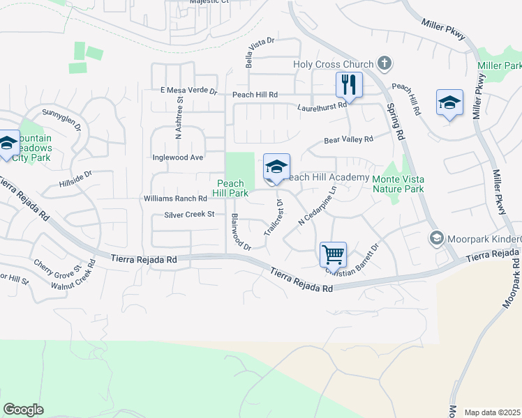map of restaurants, bars, coffee shops, grocery stores, and more near 13360 Vinewood in Moorpark