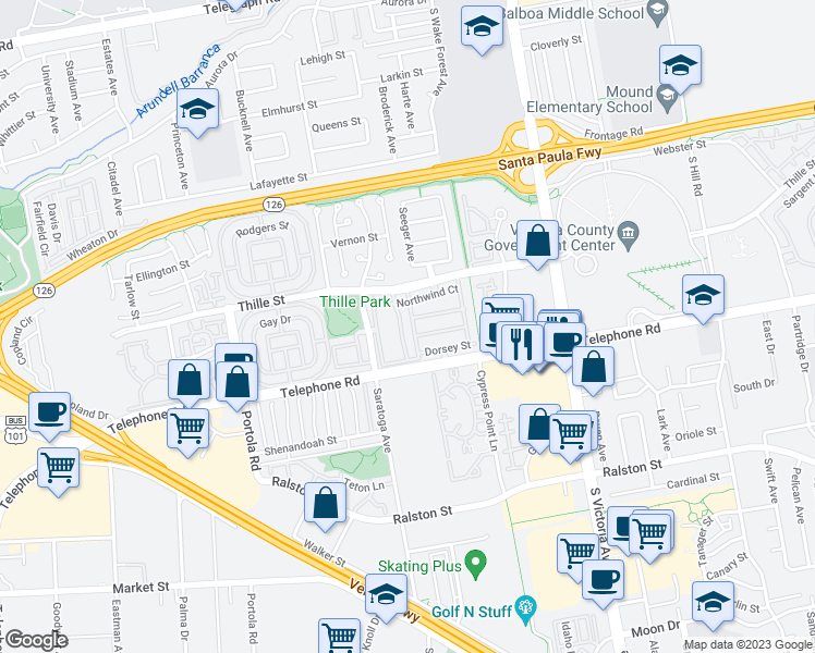 map of restaurants, bars, coffee shops, grocery stores, and more near 950 Seamist Place in Ventura