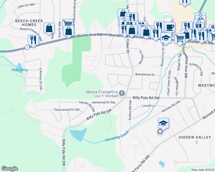 map of restaurants, bars, coffee shops, grocery stores, and more near 28 Westover Drive Southwest in Rome