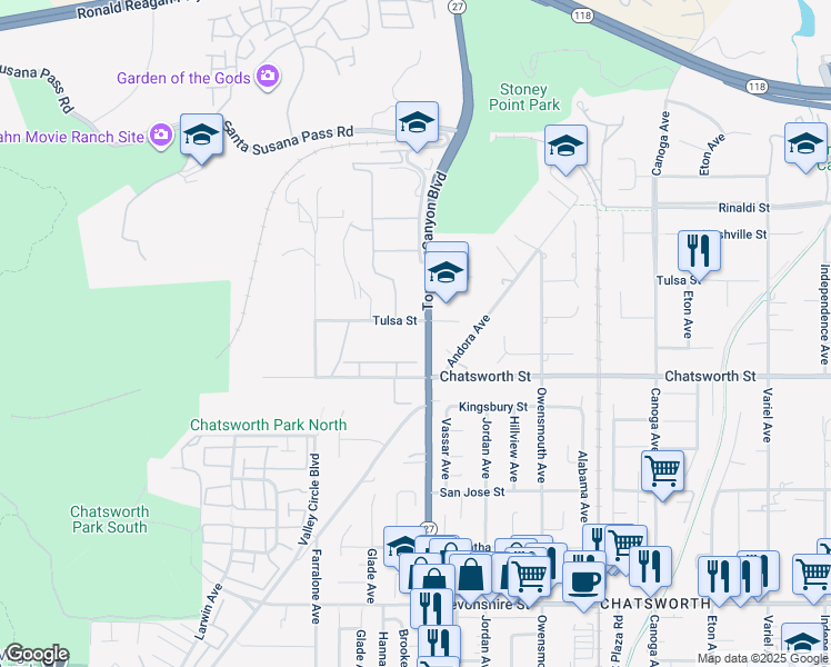map of restaurants, bars, coffee shops, grocery stores, and more near 22024 Tulsa Street in Los Angeles