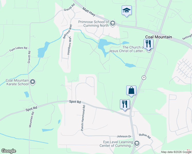 map of restaurants, bars, coffee shops, grocery stores, and more near 3335 Buffington Lane in Cumming