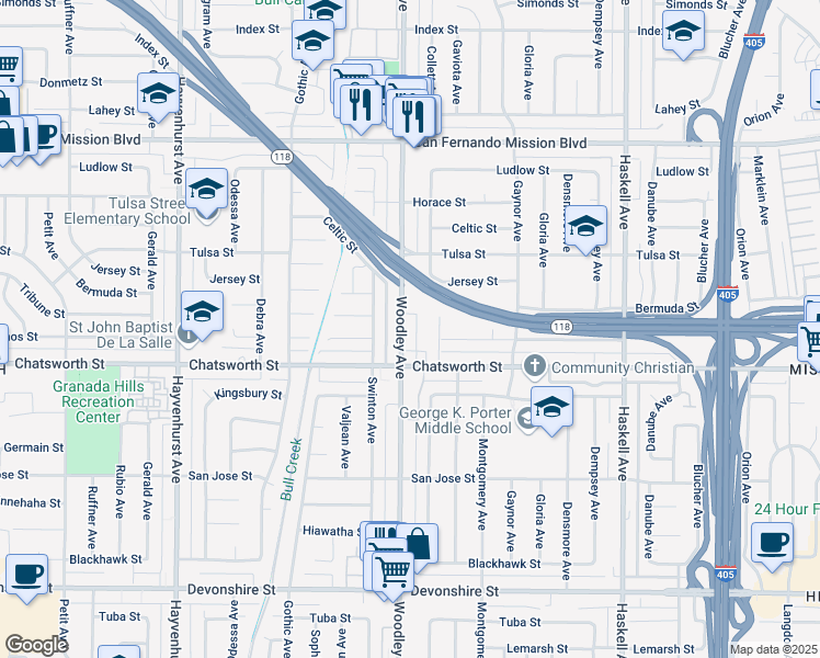 map of restaurants, bars, coffee shops, grocery stores, and more near 10730 Woodley Avenue in Los Angeles