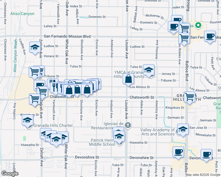 map of restaurants, bars, coffee shops, grocery stores, and more near 17400 Los Alimos Street in Los Angeles