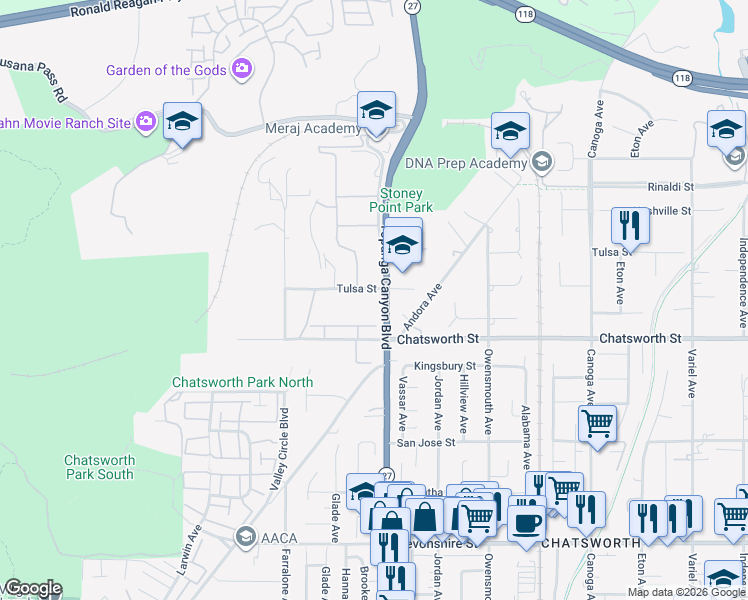 map of restaurants, bars, coffee shops, grocery stores, and more near 22024 Tulsa Street in Los Angeles