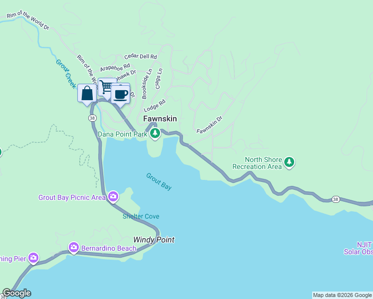 map of restaurants, bars, coffee shops, grocery stores, and more near 39495 North Shore Drive in Fawnskin