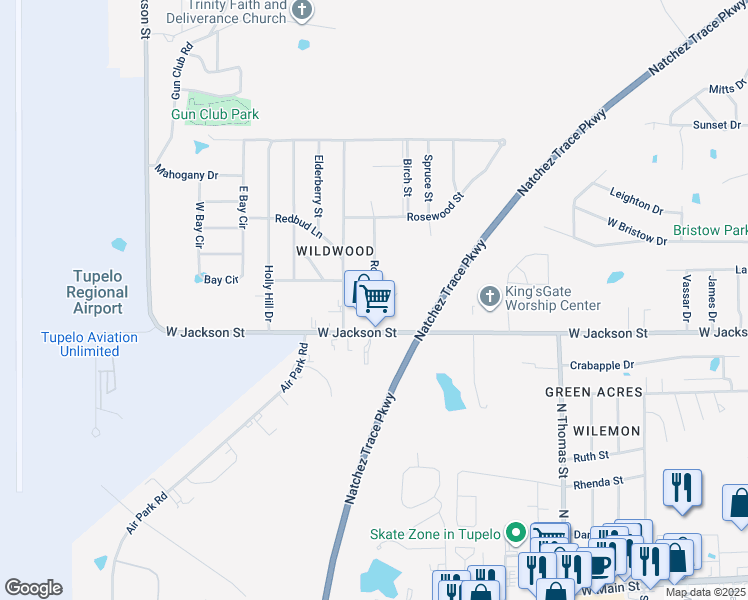 map of restaurants, bars, coffee shops, grocery stores, and more near 712 Robindale Drive in Tupelo