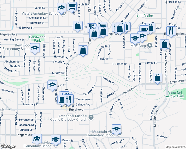 map of restaurants, bars, coffee shops, grocery stores, and more near 2727 Hollister Street in Simi Valley