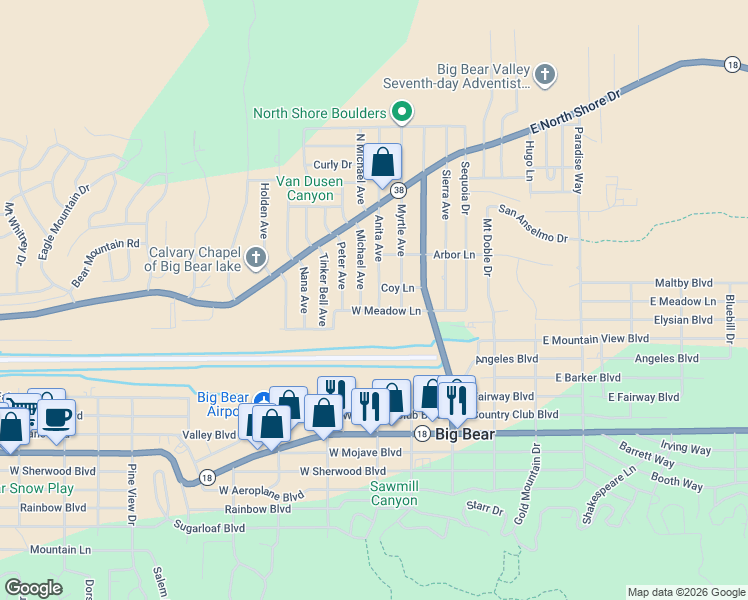 map of restaurants, bars, coffee shops, grocery stores, and more near 901 Anita Avenue in Big Bear