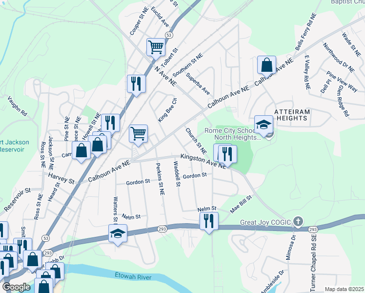 map of restaurants, bars, coffee shops, grocery stores, and more near 413 Stonewall St in Rome