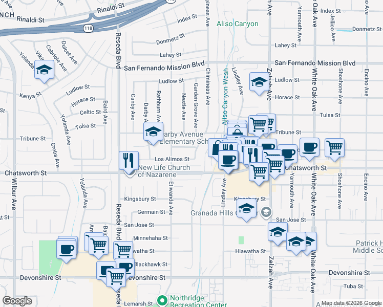 map of restaurants, bars, coffee shops, grocery stores, and more near 10809 Chimineas Avenue in Los Angeles