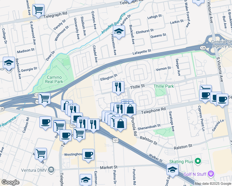 map of restaurants, bars, coffee shops, grocery stores, and more near 4862 Thille Street in Ventura