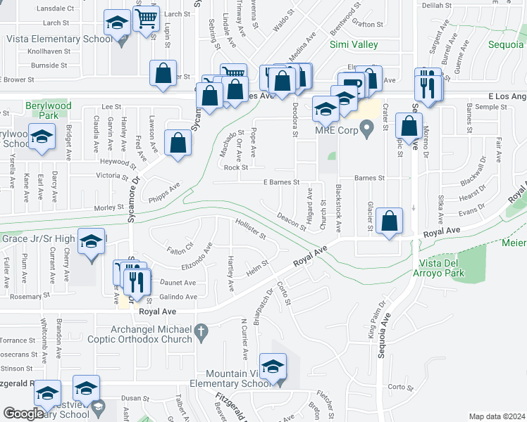 map of restaurants, bars, coffee shops, grocery stores, and more near 2960 Deacon Street in Simi Valley
