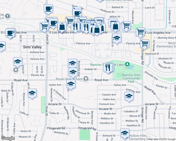 map of restaurants, bars, coffee shops, grocery stores, and more near 1466 Arabian Street in Simi Valley