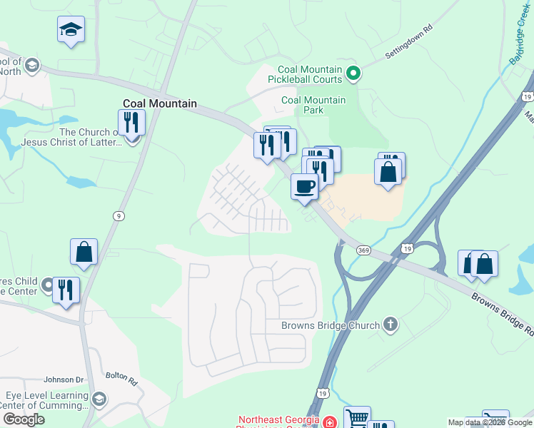 map of restaurants, bars, coffee shops, grocery stores, and more near 3627 Sydney Harbor Lane in Cumming