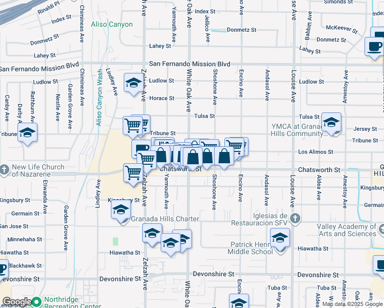 map of restaurants, bars, coffee shops, grocery stores, and more near 10734 White Oak Avenue in Los Angeles