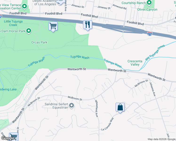 map of restaurants, bars, coffee shops, grocery stores, and more near 10550 Wentworth Street in Los Angeles