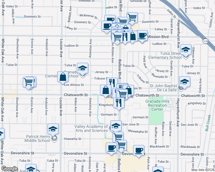 map of restaurants, bars, coffee shops, grocery stores, and more near 17066 Los Alimos Street in Los Angeles