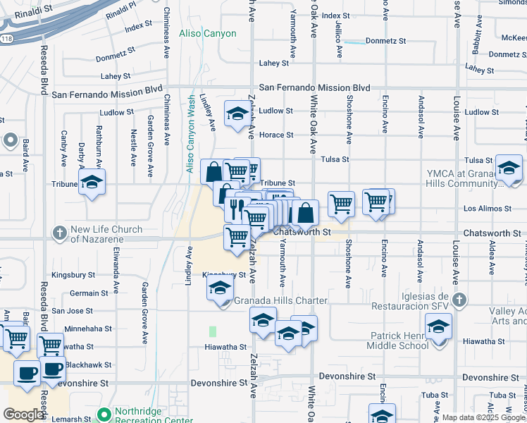 map of restaurants, bars, coffee shops, grocery stores, and more near 17824 Los Alimos Street in Los Angeles