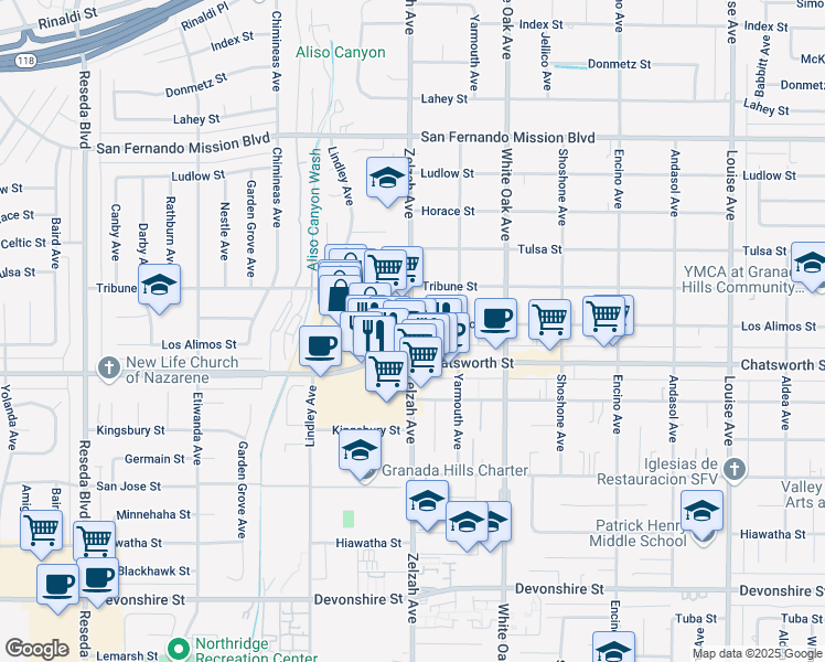 map of restaurants, bars, coffee shops, grocery stores, and more near 10725 Zelzah Avenue in Los Angeles