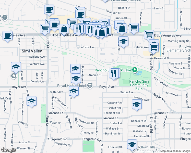 map of restaurants, bars, coffee shops, grocery stores, and more near 1466 Arabian Street in Simi Valley
