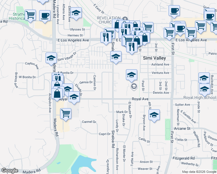 map of restaurants, bars, coffee shops, grocery stores, and more near 1437 Milan Drive in Simi Valley