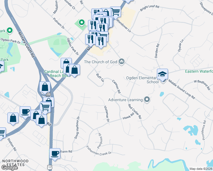 map of restaurants, bars, coffee shops, grocery stores, and more near 233 Buff Circle in Wilmington