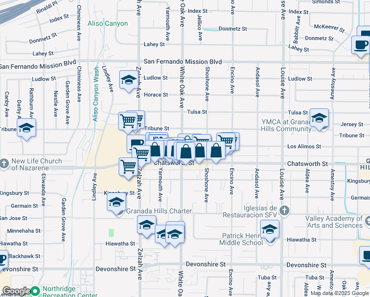map of restaurants, bars, coffee shops, grocery stores, and more near 10734 White Oak Avenue in Los Angeles