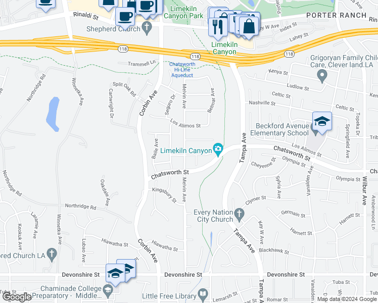 map of restaurants, bars, coffee shops, grocery stores, and more near 10740 Melvin Avenue in Los Angeles