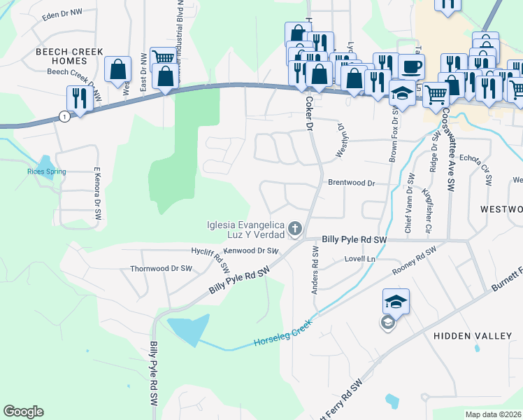 map of restaurants, bars, coffee shops, grocery stores, and more near 28 Westover Drive Southwest in Rome