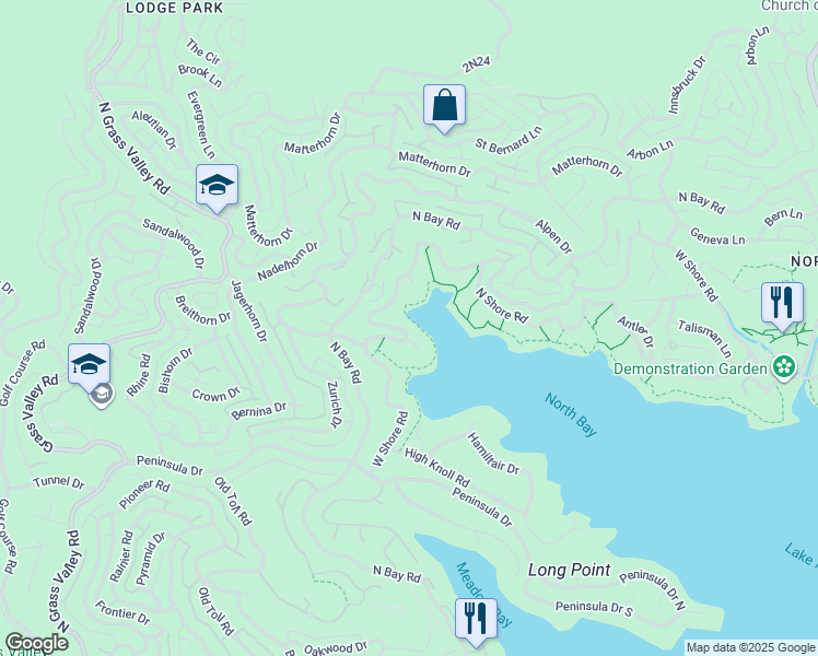 map of restaurants, bars, coffee shops, grocery stores, and more near 27563 West Shore Road in Lake Arrowhead