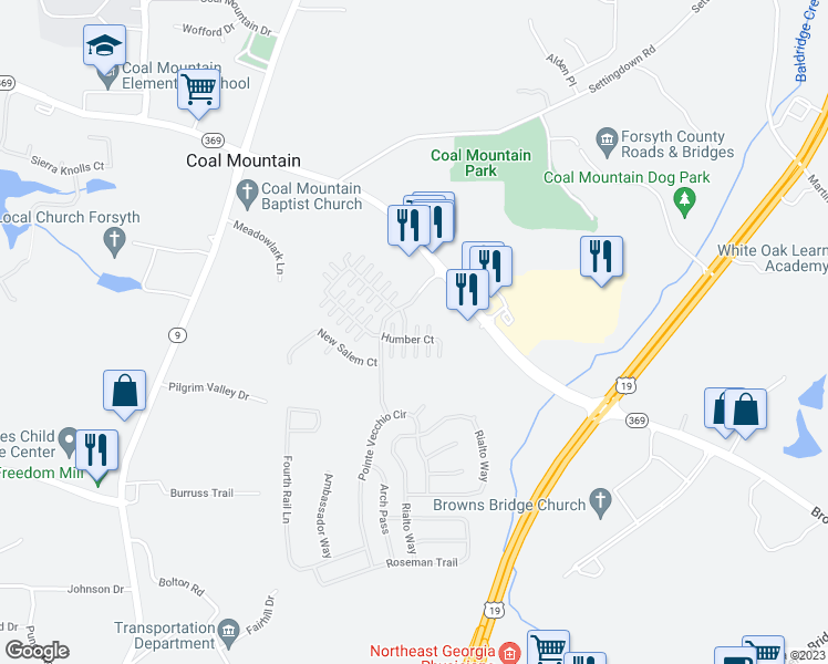 map of restaurants, bars, coffee shops, grocery stores, and more near 3819 Humber Court in Cumming