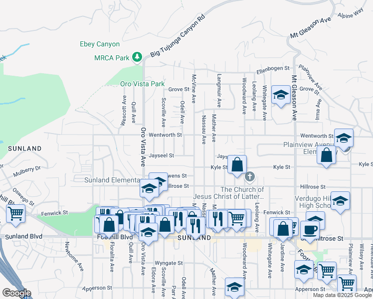 map of restaurants, bars, coffee shops, grocery stores, and more near 10830 Odell Avenue in Los Angeles