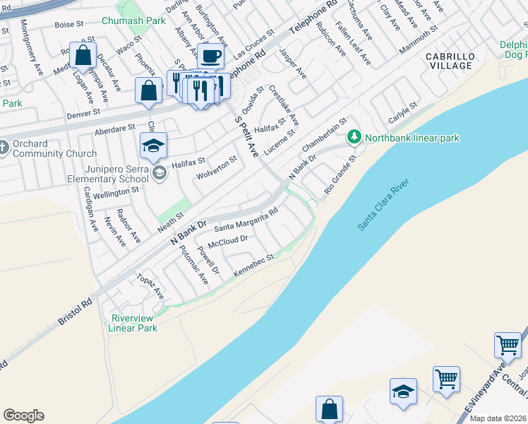 map of restaurants, bars, coffee shops, grocery stores, and more near 9301 Santa Margarita Road in Ventura