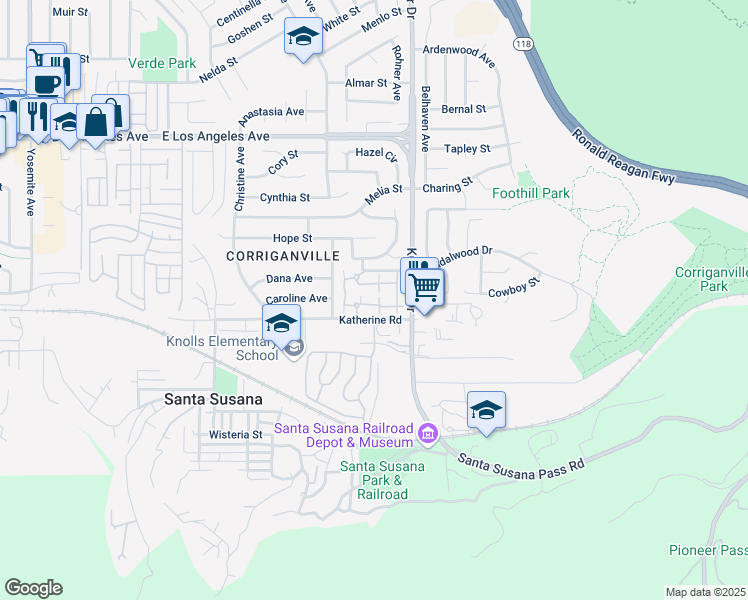 map of restaurants, bars, coffee shops, grocery stores, and more near 6491 Stoney View Lane in Simi Valley
