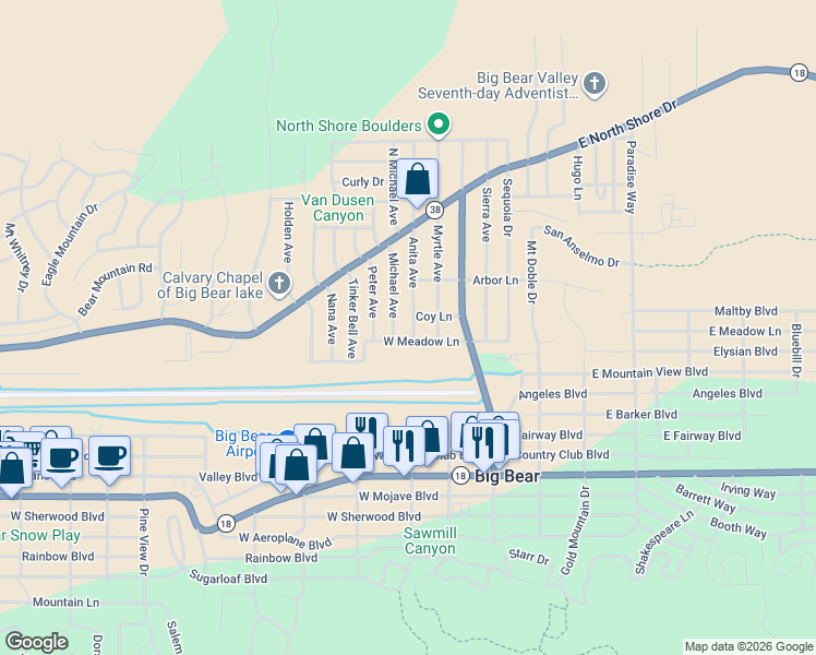map of restaurants, bars, coffee shops, grocery stores, and more near 901 Anita Avenue in Big Bear