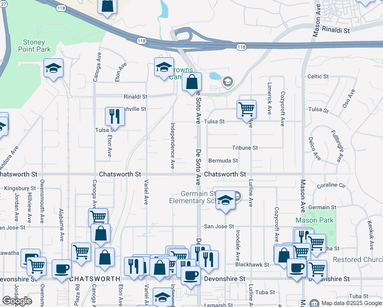 map of restaurants, bars, coffee shops, grocery stores, and more near 10745 De Soto Avenue in Los Angeles